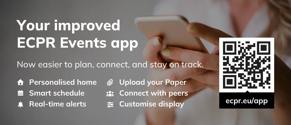 Advertisement for the ECPR Events app. Features include personalised home, smart schedule, real-time alerts, upload paper, connect with peers, customise display. QR code and url ecpr.eu/app.